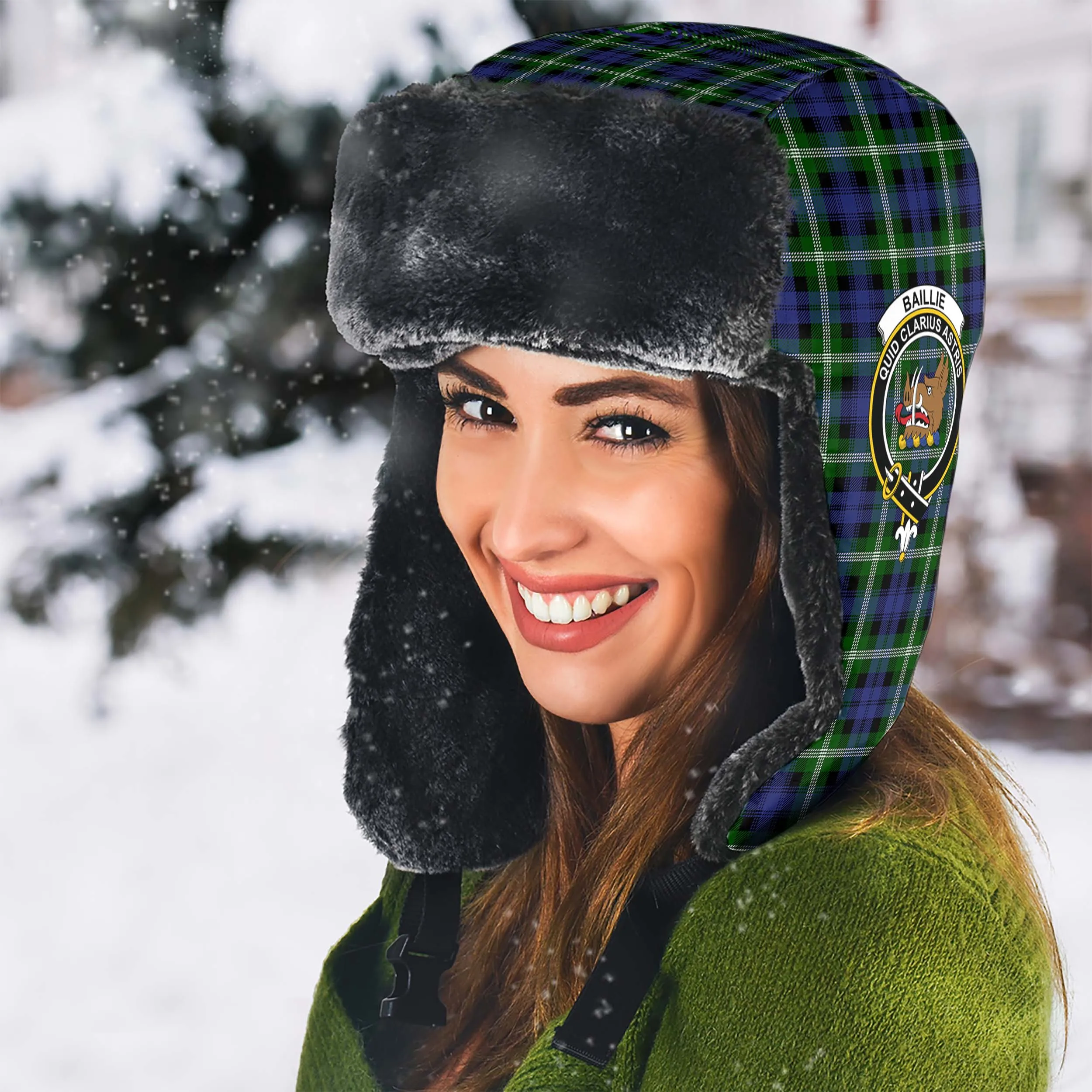 Baillie (Bailey) Tartan Winter Trapper Hat with Family Crest