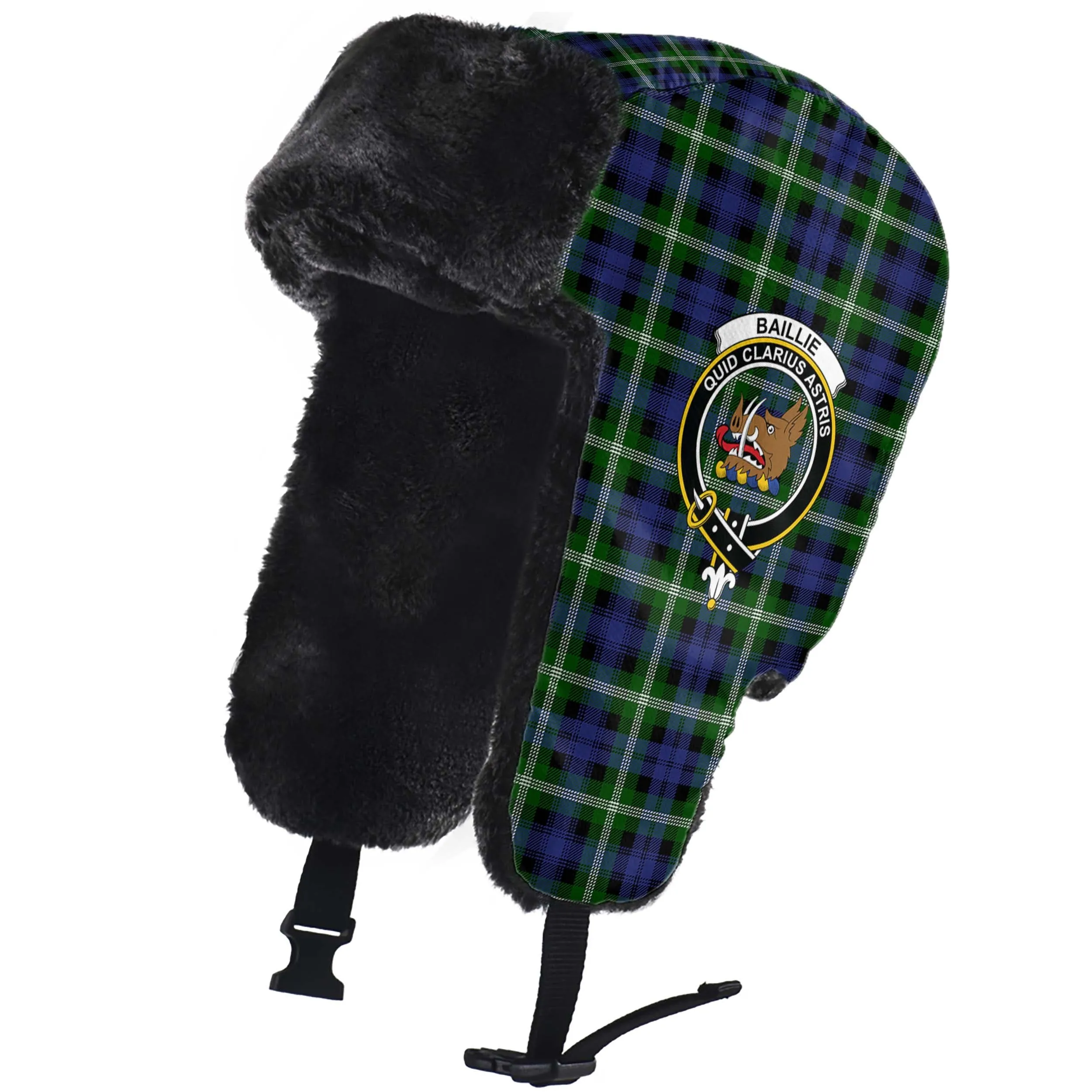 Baillie (Bailey) Tartan Winter Trapper Hat with Family Crest