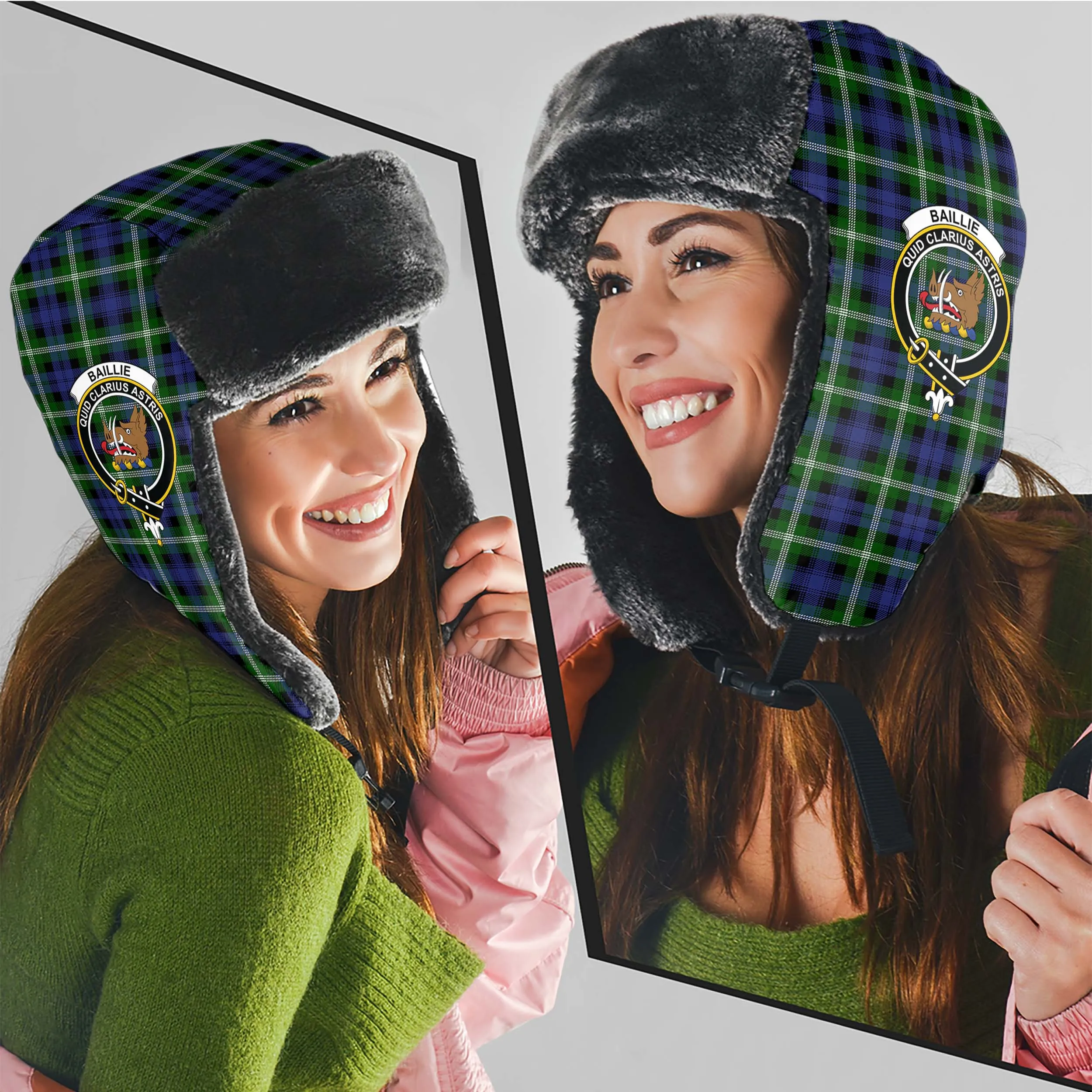Baillie (Bailey) Tartan Winter Trapper Hat with Family Crest