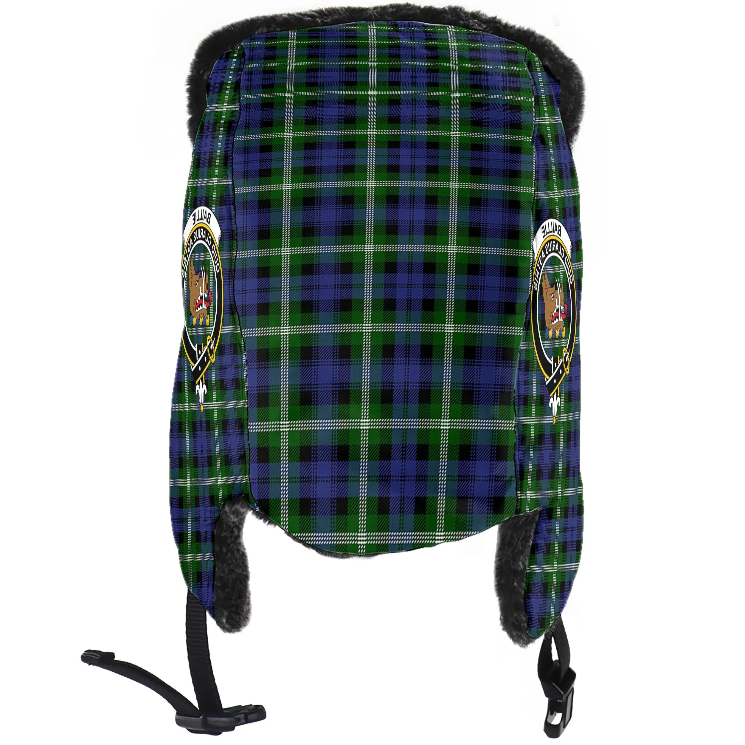 Baillie (Bailey) Tartan Winter Trapper Hat with Family Crest