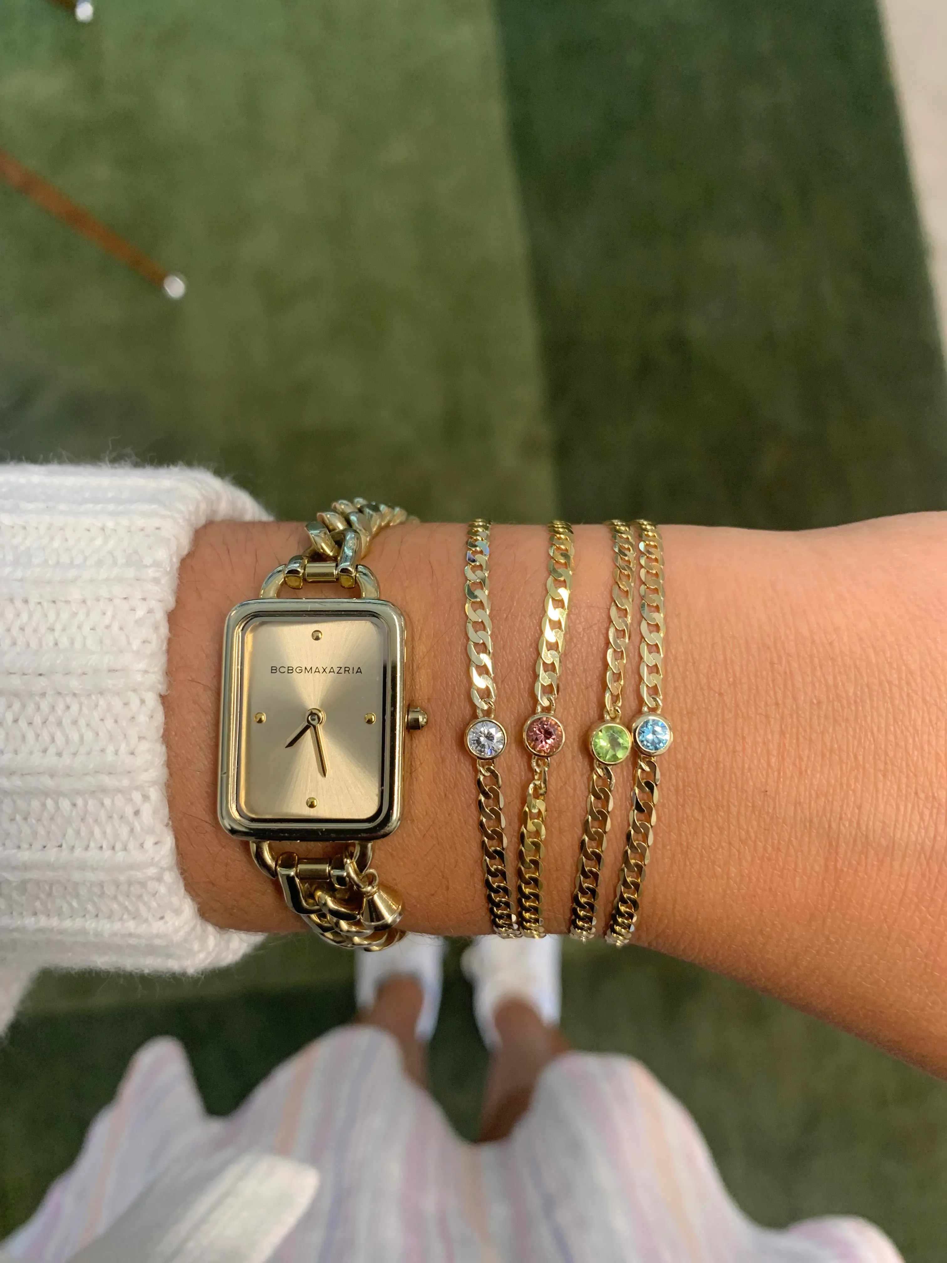 Bezel Gemstone and Curb Chain Bracelet