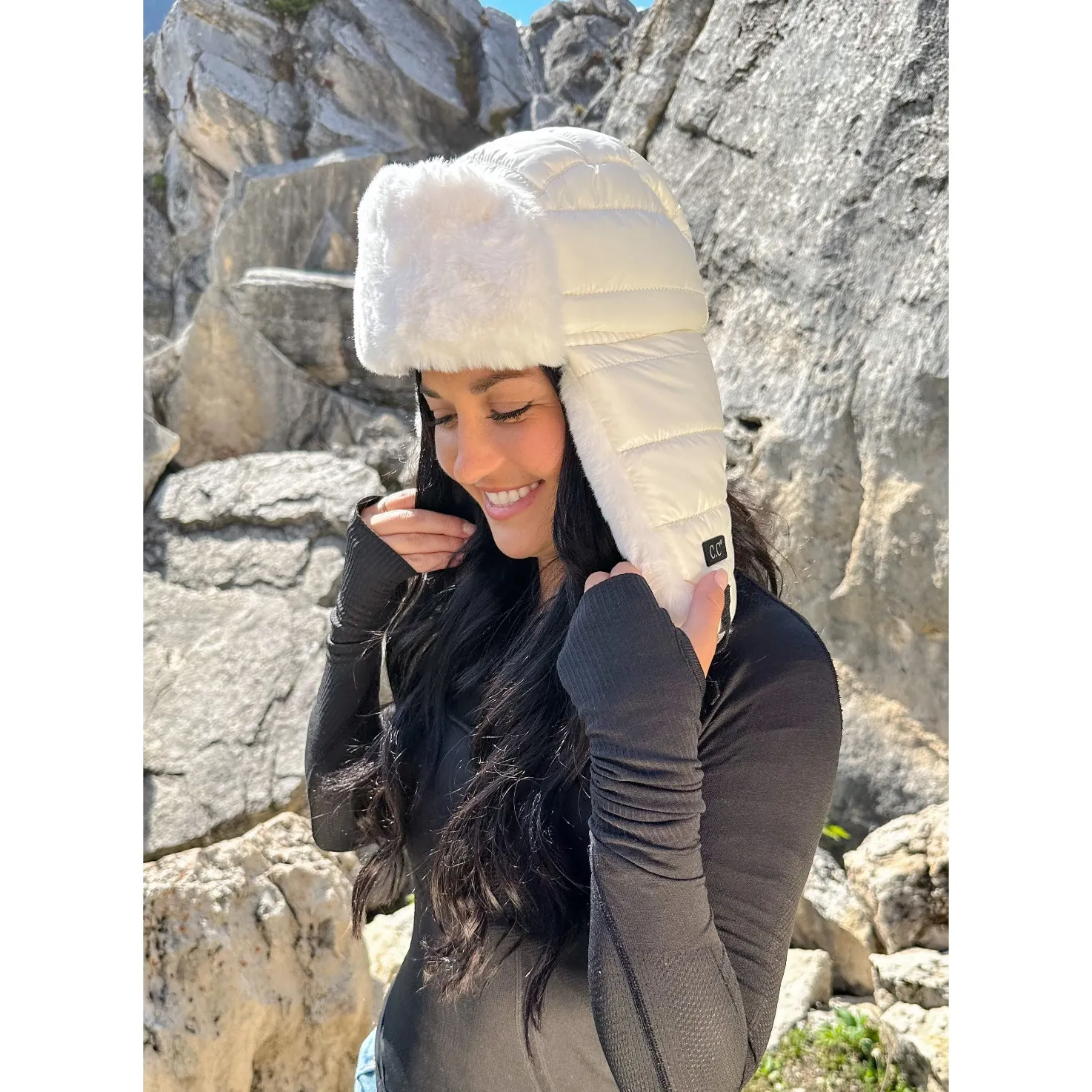 Black Puffer Trapper Beanie