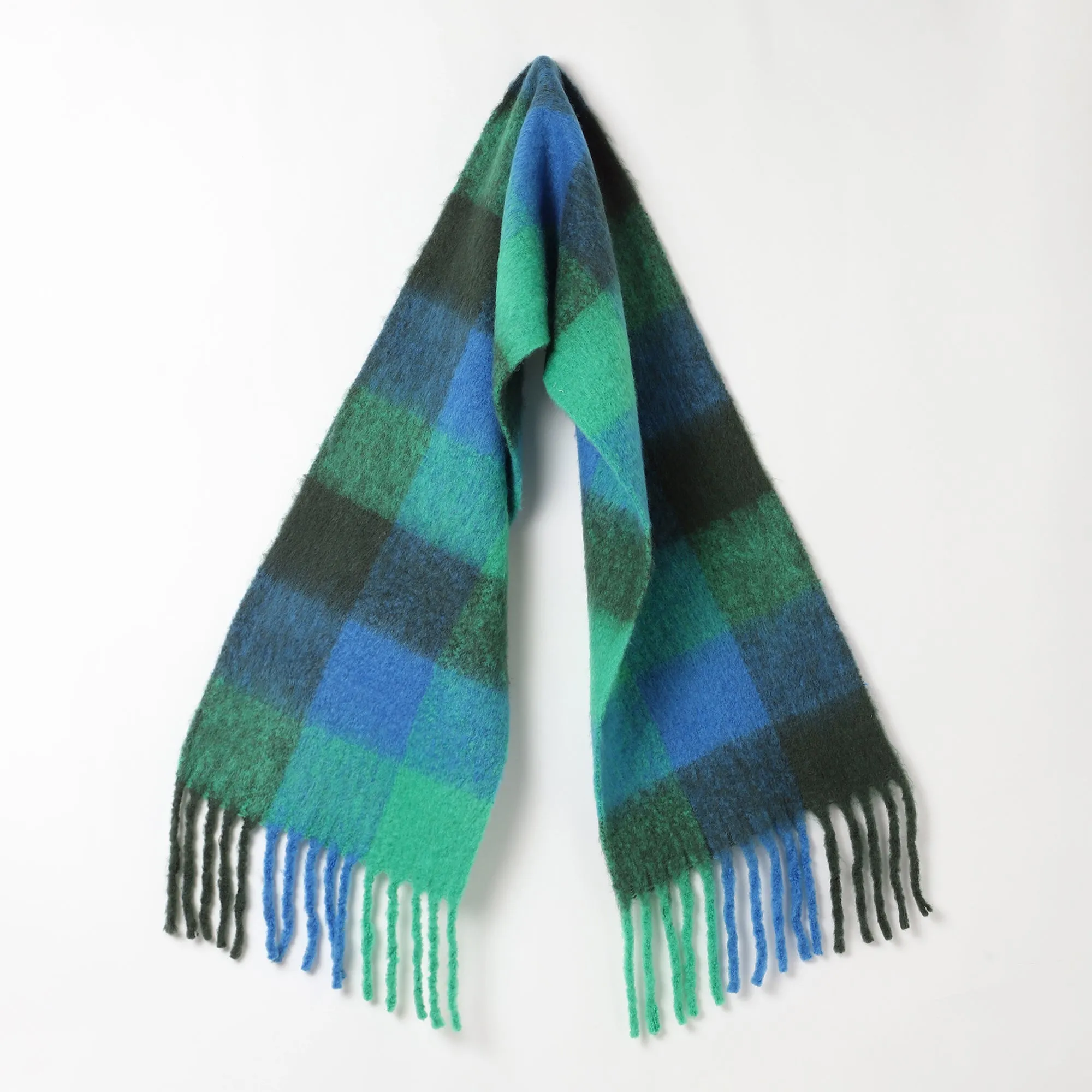 Brushed Checkered Print Scarf - Blue Green