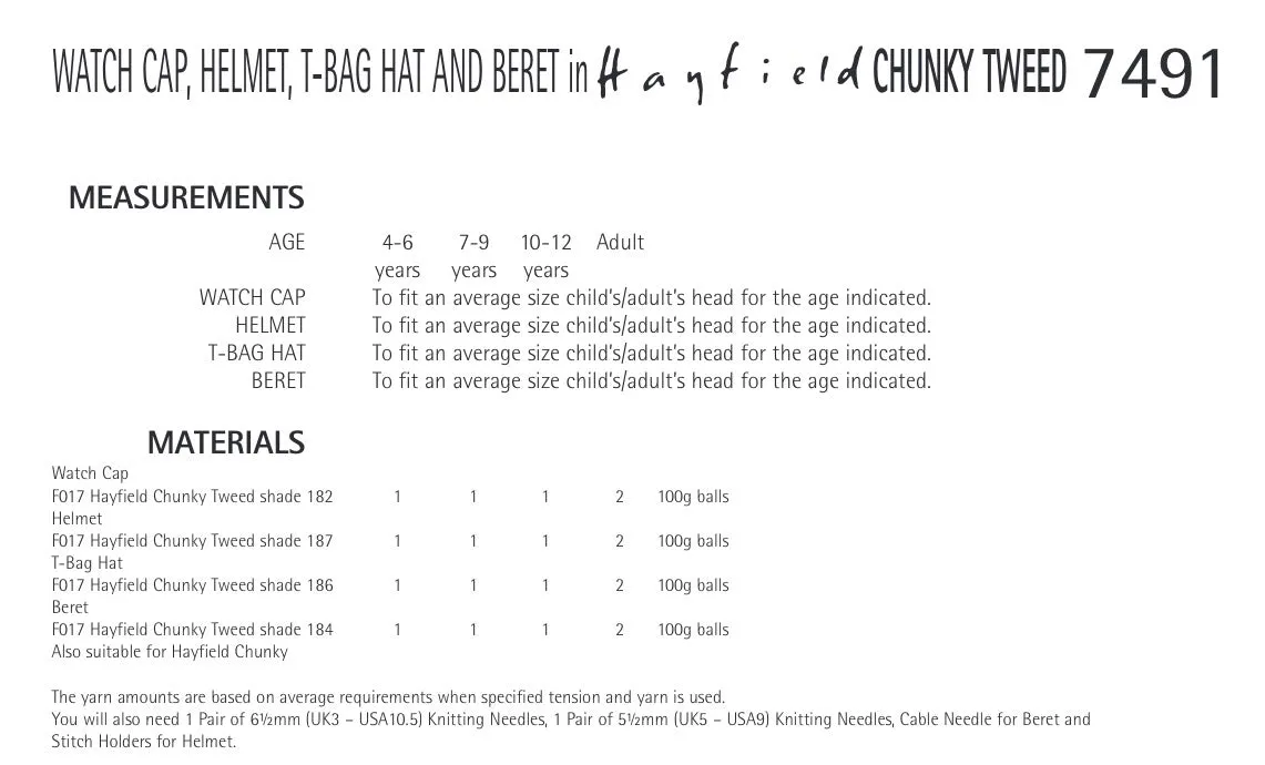 Hayfield Chunky Tweed Family Hats Knitting Pattern 7491