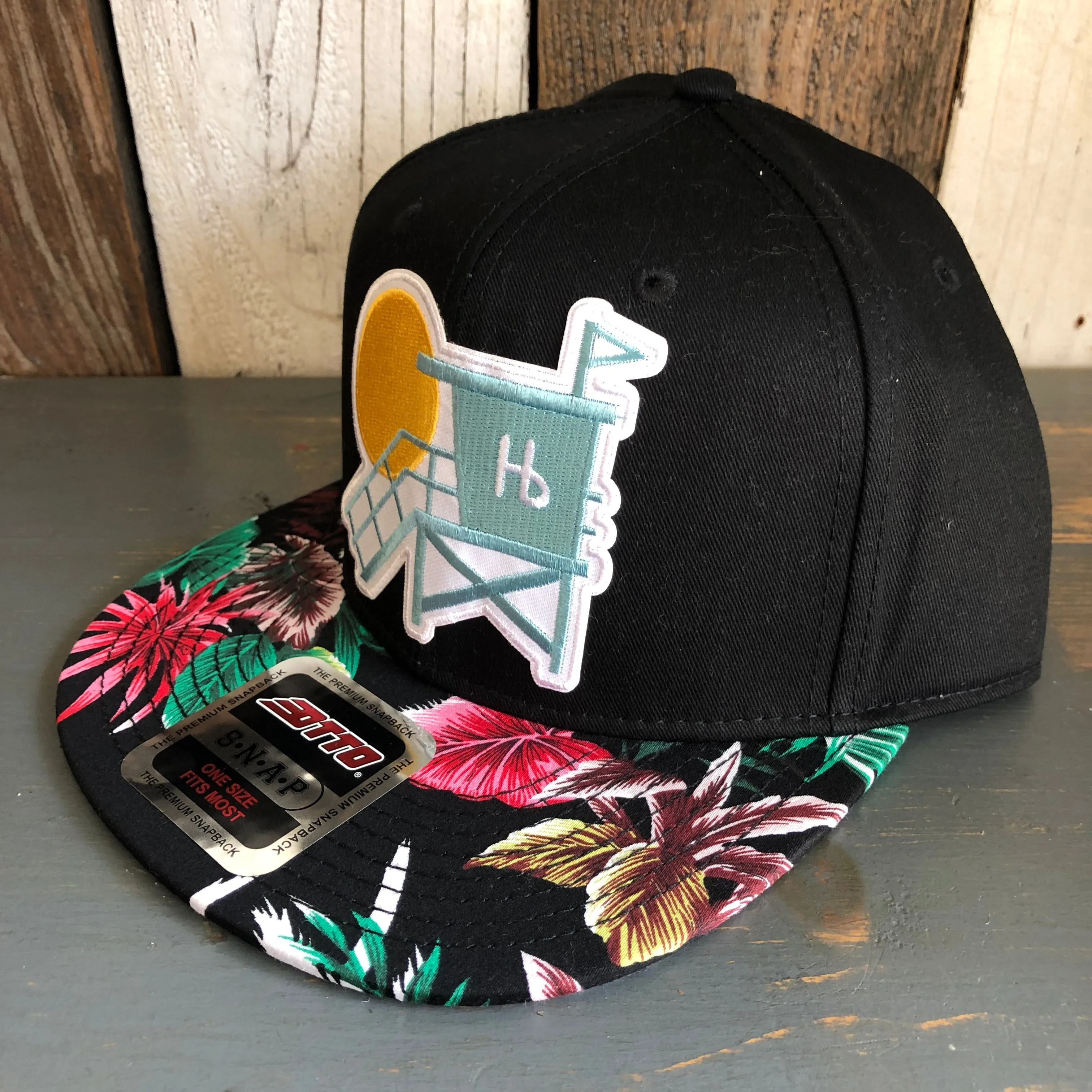 Hermosa Beach LIFEGUARD TOWER Black Panel/Hawaiian Pattern Visor - 6 Panel Mid Profile Snapback Hat - Makai