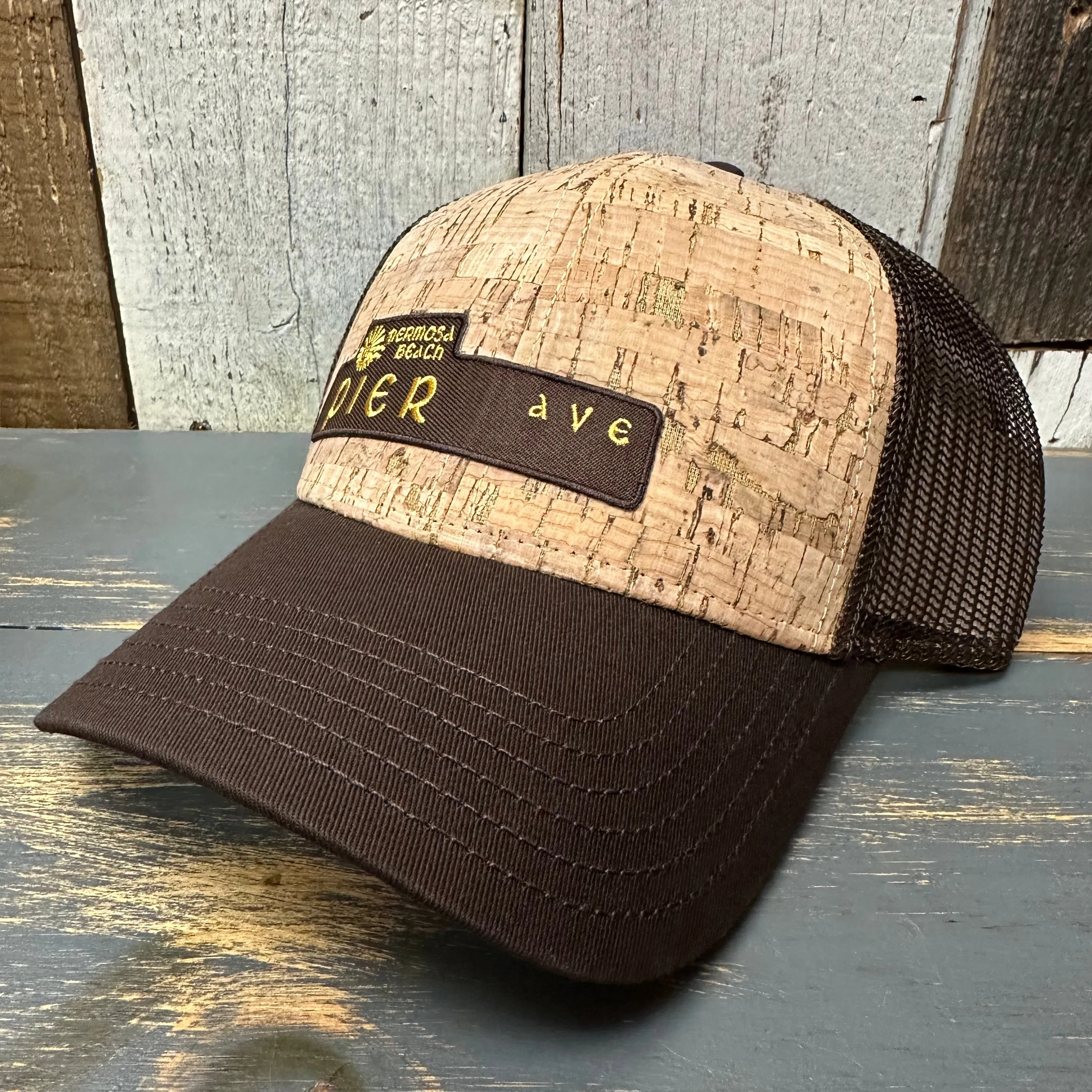 Hermosa Beach PIER AVE Premium Cork Low Profile Mesh Back Trucker Hat - (Brown/Cork)