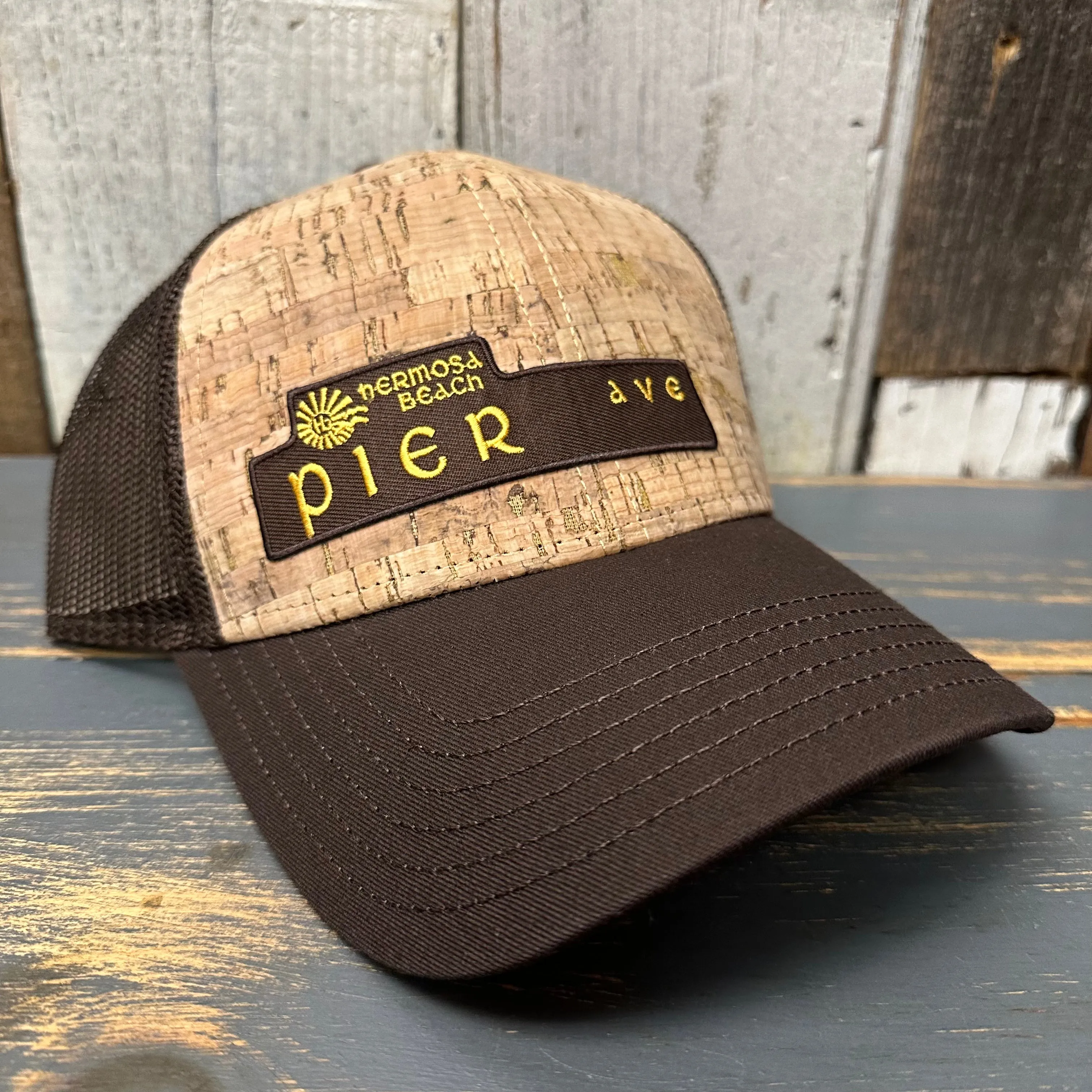 Hermosa Beach PIER AVE Premium Cork Low Profile Mesh Back Trucker Hat - (Brown/Cork)