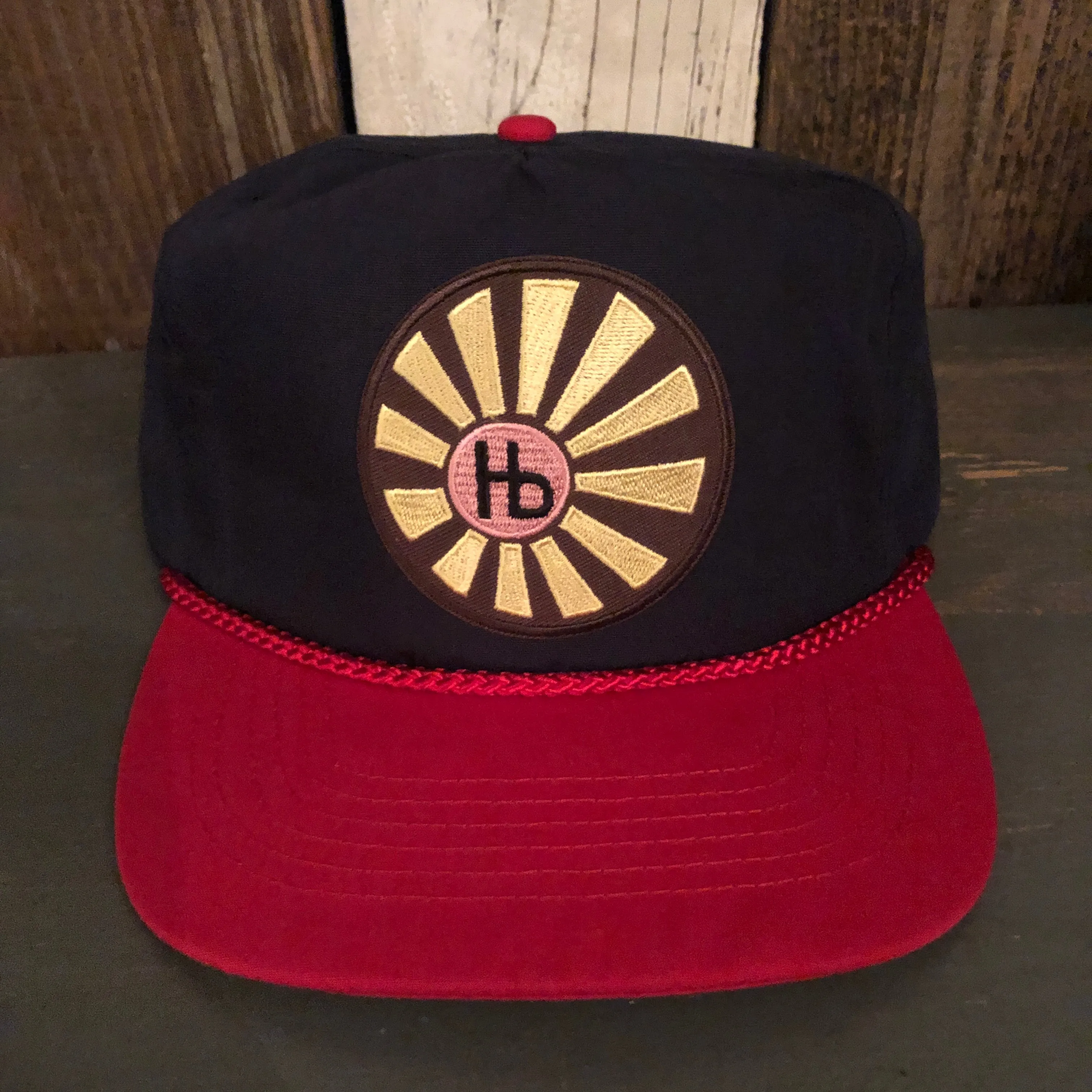 Hermosa Beach SUNBEAMS 5 Panel High Crown Baseball Cap - Navy Blue/Red