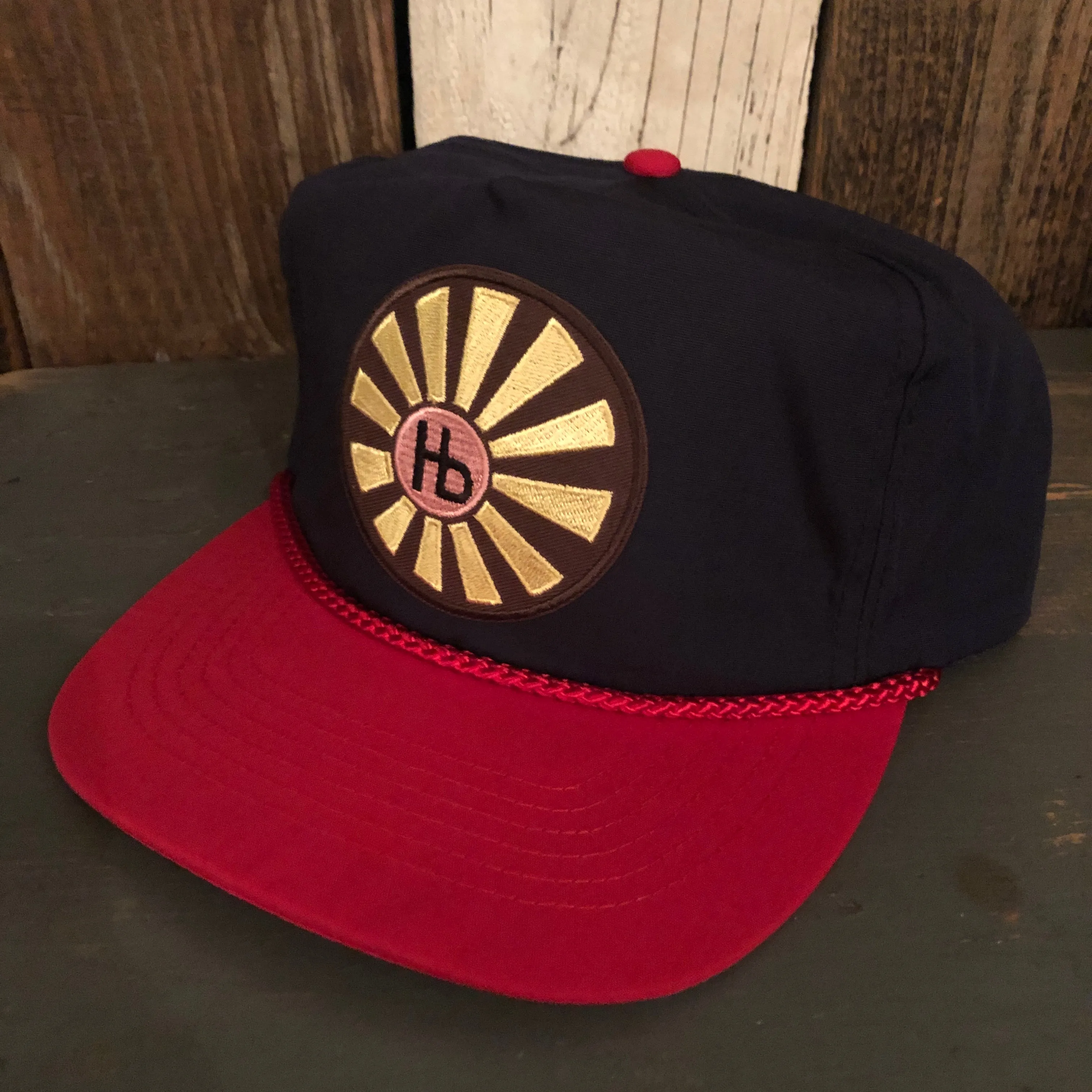 Hermosa Beach SUNBEAMS 5 Panel High Crown Baseball Cap - Navy Blue/Red